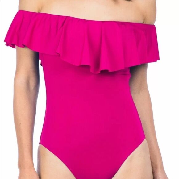 Trina Turk Sz 6 Gypsy Solid Hot Pink One Piece Ruffle Swimsuit - Picture 1 of 3